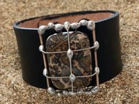 Black Leather Cuff with  beautiful crazy lace agate