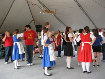 high school students, teachers and a few audience members learn a folk dance with Das Ist Lustig in Tomball 2011
