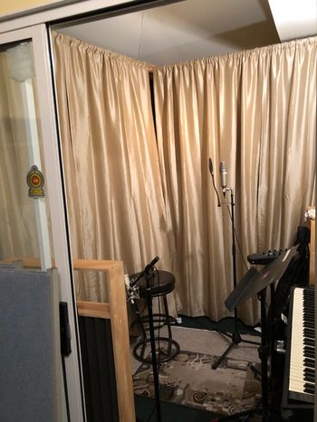 The vocal booth with a Fender suitcase Rhodes and a D6 Clavinet
