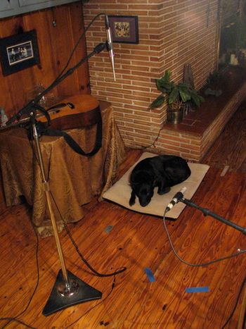 Benita's guitar mic set up...notice tape on the floor for bare feet placement.
