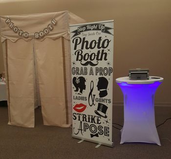 Enclosed Photo Booth , LED lit table , Photobooth Banner
