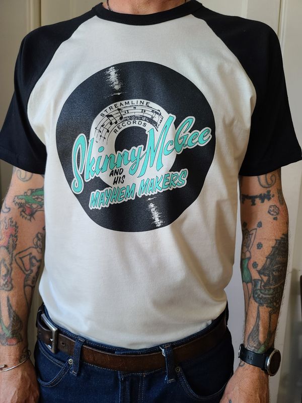 Skinny McGee and his Mayhem Makers 45 record shirt black and celeste 