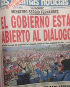 Newspaper Las Ultimas Noticias, Cover Page shows Dekiruza in front of a million people at Parque O'Higgins, Gustavo Schmidt on sleevvless striped shirt center stage. Santiago, Chile 1989
