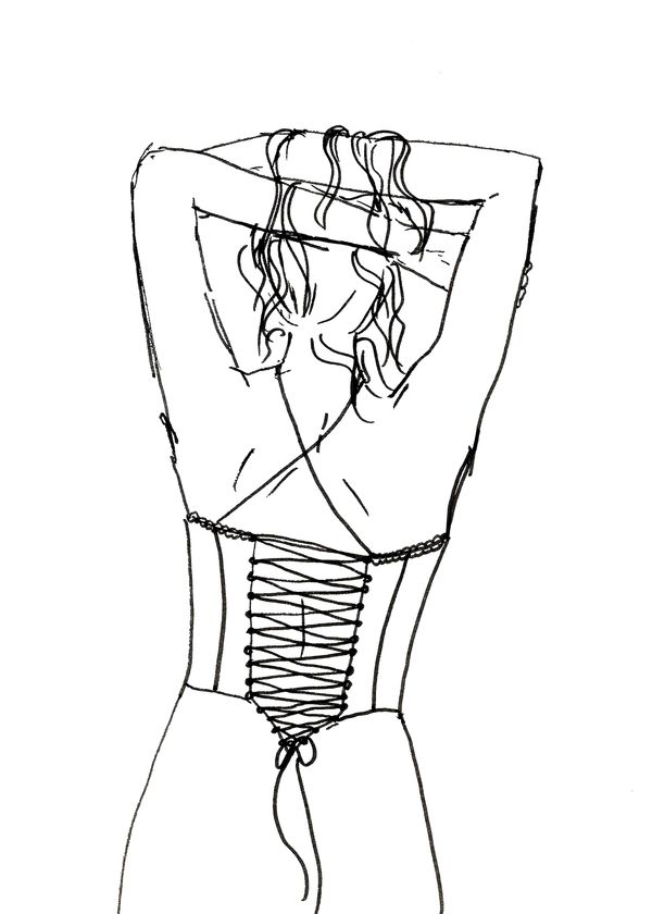 Woman in Corset, from the back, lifting hair (8x10" print)