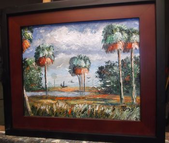 "Cabbage Palm Trees and Birds" 8 by 10" Oil on Canvas Board, Palette knife/ brush. March 31st, 2015    (This Original is Owned by a Collector from Birmingham Alabama) But you can Buy a Framed Print Here!
