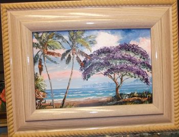 'Jacaranda on the Beach' Oil Paint on masonite Board. 8 by 12". Framed size is 13 1/2 by 17 1/2". Lots of Palette knife work. Painted June 19th, 2013
   (SOLD - Collector from Marina del Rey, CA)
