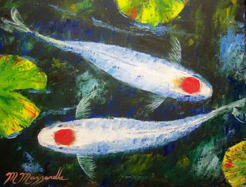 "Tancho Kohaku Koi Fish" 11 by 14". 100% Palette knife.The Tancho gets its name from the national bird of Japan, the Tancho Crane. Tancho means “red spot on the head,” and is very desirable in Japan because of its similarity to the Japanese flag. Oil by Mazz. Painted Nov 7th 2009. (Original is SOLD to a Collector from London, England) but you can  ;  BUY QUALITY FRAMED KOI PRINTS HERE!
