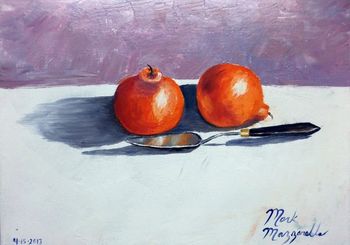 "Honeybell Oranges and a Palette knife" Original Oil Painting. Mazz painted this with a palette knife and also put his palette knife into the painting. The juicy Honeybells have a unique bell shape to them ...Painted April 16th 2013. This Original Painting is available or you can..... Buy a Quality Framed Print Here! 
