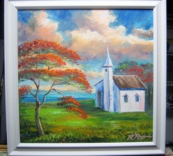 'Old Church and Royal Poinciana Tree' 16 by 16" Oil on masonite board. Palette knife & brush. Painted Nov. 10th, 2009
