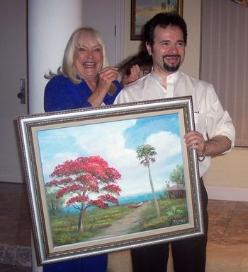 Chris Noel joking around with Florida Artist 'Mazz' Mark Mazzarella. Royal Poinciana oil painting.
