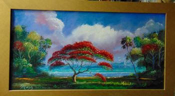 "Royal Poinciana Tree Overlooking the Lagoon" 15 by 29" Oil on Board Aug 9th 2022.  ORIGNAL is AVAILABLE or You can  Buy a Framed  or Unframed Print Here! 
