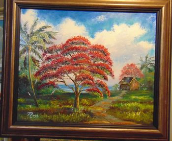 "Royal Poinciana Tree by the Lake" Palette knife and brush by Mazz. 20 by 24" Oil on board  Sept 20th 2020  (Original is SOLD - Collector from Lakeland, Florida)  But You can  Buy a Framed  or Unframed Print Here! 
