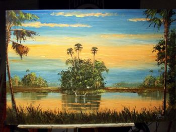 'Fire Sky Reflections' Large sofa size 24 by 36", masonite board,( Museum Quality, Wide Frame, Rich Gold Color w/ Gold Leaf. Liner is Beige). Painted Sept. 2007 (Owned by acollector from Port St. Lucie, Florida)
