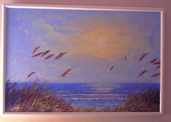 Florida Beach. 1980's (Private Collector) Mazz sold several varieties of this Soft Seascape with sea oats. (Original is in Private Collection) But You can  Buy a Framed  or Unframed Print Here! 
