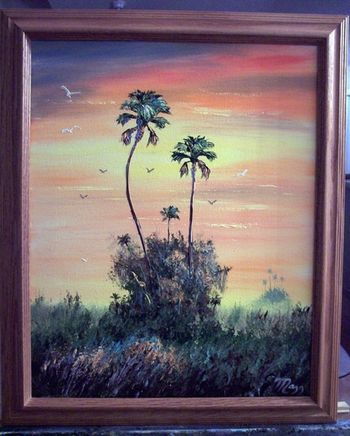 16 by 20" Oil on Stretched Canvas. Palm trees & birds made with the Pallet knife. (Painted June 2006) (SOLD-Collector in Palm Beach Shores, FL)
