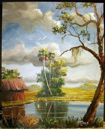 "Country Pond" 16 by 20" Oil on Masonite Board. Palette Knife & brush. Oct 10th, 2008. (SOLD - Collector from Belleair, Florida)

