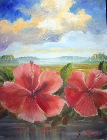 'Hibiscus Flower Landscape' 11 by 14" Oil on masonite board. (knife & brush). Sept 23rd, 2009
