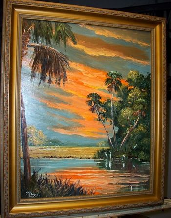 "Firesky Sunset" 16 by 20" Oil on Masonite Board. Palette Knife & brush. September 6th, 2008 (Owned by Collector from Port St. Lucie,FL)
