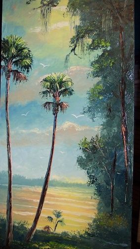 "Tall Cabbage Palms & Sunny Lake" 12 by 24" Oil on Board. (lots of palette knife) Painted May 19. 2007
