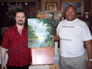 Another Lesson with Sam. Famous Florida Landscape artist Sam Newton teaching Mark Mazzarella some more Advanced Palette Knife Techniques. (Painting by Mazz)
