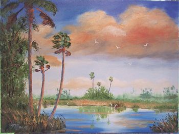 18 by 24" Oil on Stretched Canvas. All Palm Trees -Clouds-Birds & Grass made with the Palette Knife.(Painted July 2nd 2006)
