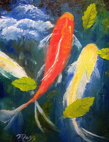 'Koi Fish and Leaves' 11 by 14" Oil on gallery wrapped Stretched Canvas. Palette knife. Painted Oct. 29th, 2009(SOLD) Collector from Elkhorn Nebraska
