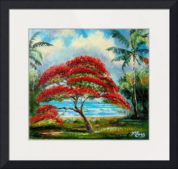 "Royal Poinciana Tree by the Lake"  16 by 16 "  Dec 2nd 2020...Mazz did a redo of a 2008 painting which had paint damage.  He kept the values & tones similar, plus added a coconut palm tree. (Original is Available)  You can  Buy a Framed  or Unframed Print Here! 
