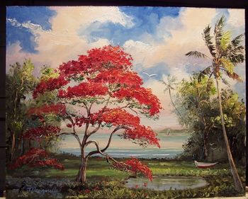 'Royal Poinciana w/ Boat' 16 by 20", Oil on Masonite board, Loads of palette knife work, also brush. Painted October 1st, 2007 (SOLD - Collector from Roswell, Georgia)
