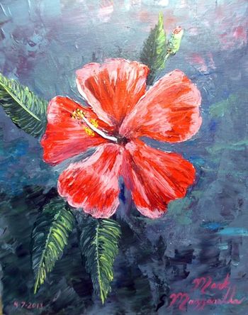 ' RED HIBISCUS '  11 by 17" Palette knife work, Acrylic on Stretched Canvas.  Painted April 7th 2013
