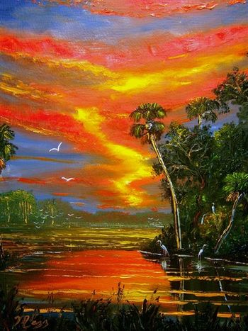 'Fire Sky over the Country Pond' 16 by 20" Oil on Masonite Hardboard. Palette knife & brush. Painted Oct. 16th, 2009 ( Collector from Hollywood, Florida)
