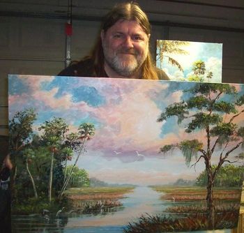 Dave Hlubek of Molly Hatchet with 'Majestic  Florida Wilderness' painting by Mazz.  Dave hung this Original in his home. (Private Collection)  But you can  Buy a Framed Print or Canvas Here! 
