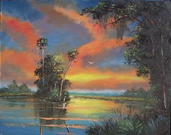 "Sunset Lagoon" 16 by 20" Oil on Board. (lots of palette knife) Painted Feb 2nd. 2007 (SOLD - Collector in Vero Beach, FL)
