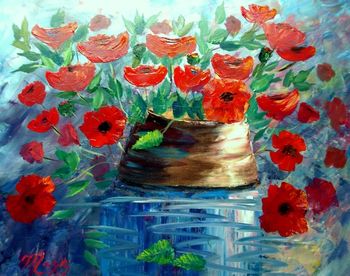 ' POPPIES in a CLAY POT'  18 by 24"  Palette knife & brush. Acrylic.  April 1st, 2013
