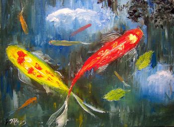 'Koi Painting Reflections' 11 by 14" Oil on gallery wrapped Stretched Canvas. Palette knife. Painted Oct. 18th, 2009 (SOLD - Collector from Malvern, Pennsylviania).
But you can still
  BUY KOI PRINTS HERE!
