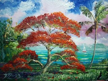 "Blooming Royal Poinciana" 8 by 10" Oil on Masonite Board. Palette Knife & brush. October 8th, 2008 (SOLD - Collector from Orlando, Florida)

