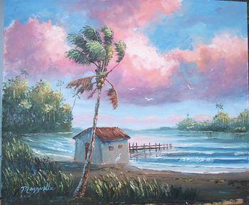 'Coconut Palms & boathouse'. 20 x 24", Oil on board, Lots of palette knife, March 15th, 2007 (SOLD - Collector from Wailuku, Hawaii)
