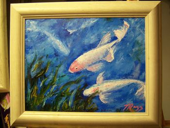 'Koi Fish Art by Mazz' 100% Palette knife Oil Painting on Stretched Canvas. 11 by 14" Painted March 20 th, 2012.  Original is Available or Buy a Quality Print Here!
