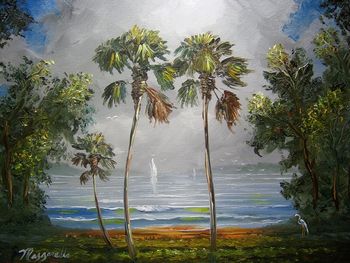 'Misty Tropical Lake' 16 by 20" Oil on gallery wrapped Stretched Canvas. Palette knife & brush. Painted Oct. 17th, 2009
