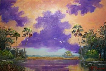'Florida Purple Clouds' 16 by 24" Oil on masonite board. Palette knife & brush. Painted Oct. 16th 2012
