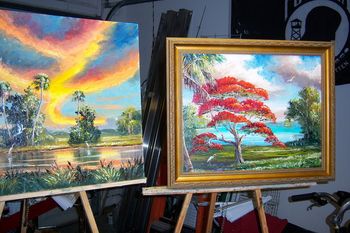 2 Freshly Made painting by Artist Mazz are drying on the easel. Sept. 10th 2008
