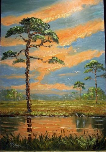 "Slash Pine Fire Sky"16 by 24" Oil on Masonite Board. Palette Knife & brush. August 31st, 2008(SOLD - Collector fromJupiter, Florida)
