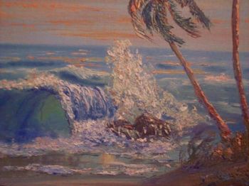 Close up of crashing wave and palm tree. Both were made with a Palette Knife & thick paint.
