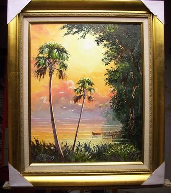 "Sunny Lagoon Right" 16 by 20" Oil on Masonite Board. Palette Knife & brush. September 22nd, 2008. Wide Frame, Rich Gold Color w/ Gold Leaf. Liner is Beige w/ Gold Trim.(SOLD - Collector from Miramar, Florida)
