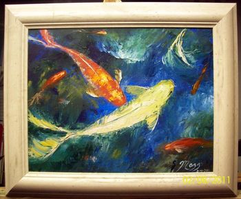 'Koi Fish Pond' 100% Palette knife Oil Painting on Stretched Canvas. 11 by 14" Painted Feb. 5th, 2011.(SOLD - collector from Tecumseh, Kansas) but you can;  BUY KOI GIFTS HERE!

