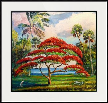 "Royal Poinciana - Flame Tree" 16 by 20" Oil on Board. 2007  (Mazz added a Palm Tree for the New Book)  This is In a Private Collection)  BUT You can  Buy a Framed  or Unframed Print Here! 
