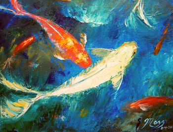 'Koi Fish Pond' 100% Palette knife Oil Painting on Stretched Canvas. 11 by 14" Painted Feb. 5th, 2011.  (SOLD to Collector from Tecumseh, Kansas) but you can ;  BUY KOI GIFTS HERE!
