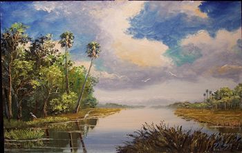 'Palms along the River' ' 16 by 24" Oil on Masonite board. Palette knife & brush. August 29th, 2007
