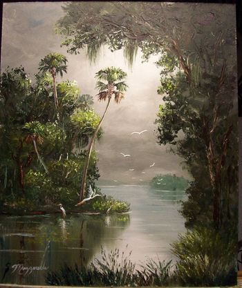 "Tropical Misty River"20 by 24" Oil on Masonite Board. Palette Knife & brush. October 22nd, 2008(SOLD - Collector from Sebring, Florida)
