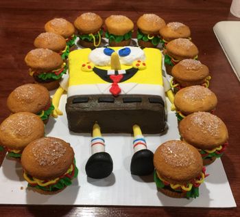Spongebob cake with crabby patty cupcakes
