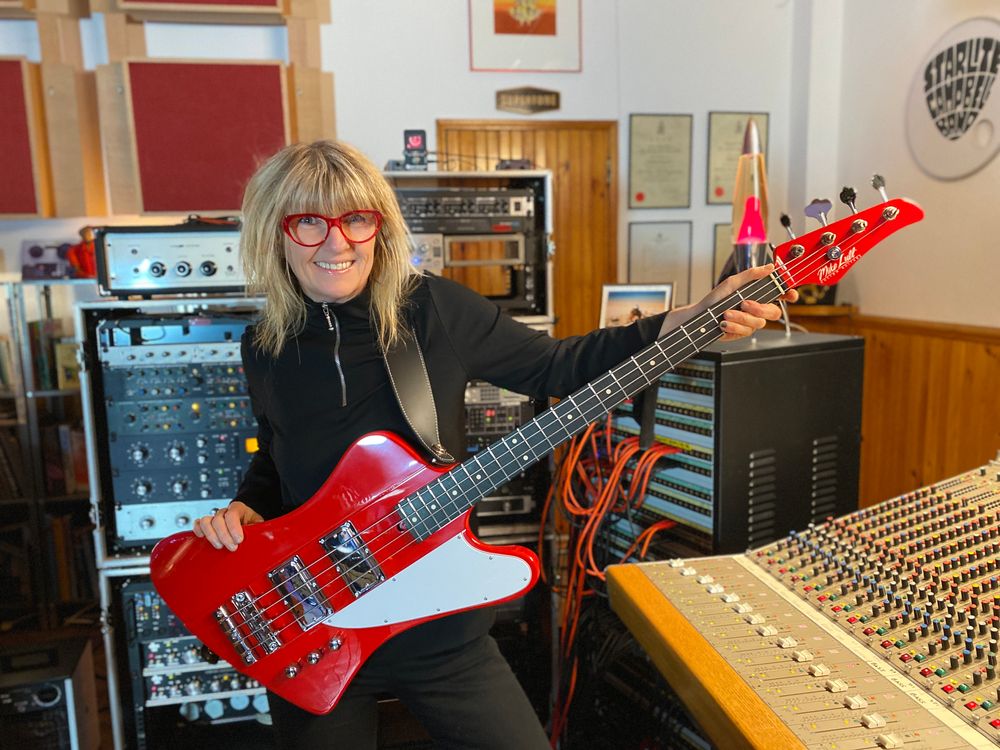 Suzy Starlite at the Supertone Records studio, Portugal with her T4 Starlite bass by Mike Lull Custom Guitars